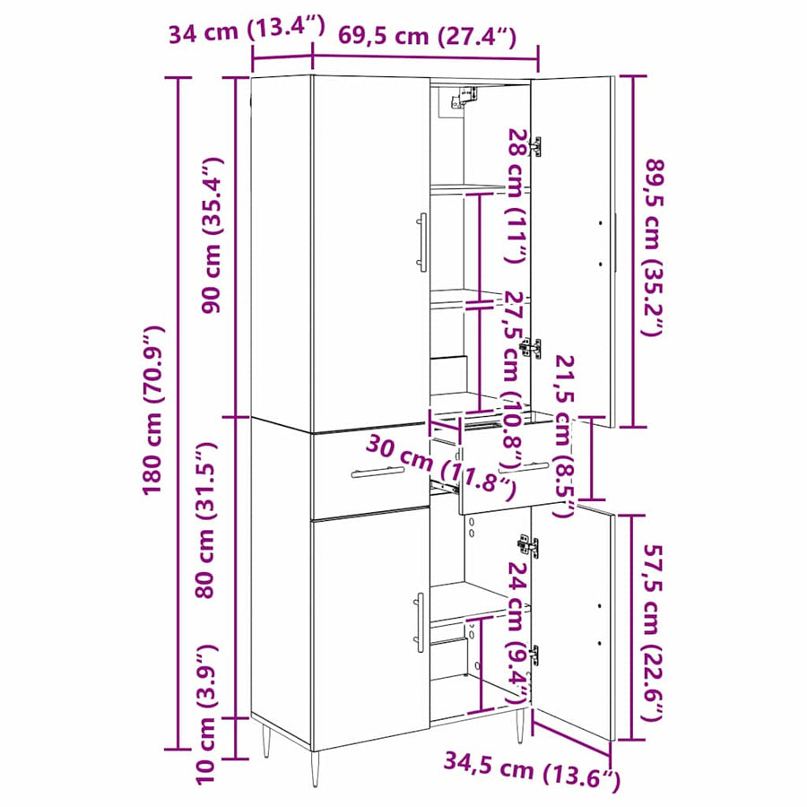 Highboard met lade Zwart Eiken 69,5 x 34 x 180 cm Bewerkt hout