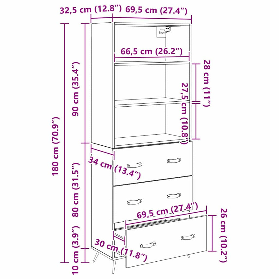 Highboard 2 pcs Zwart eiken 69,5 x 34 x 180 cm Bewerkt hout