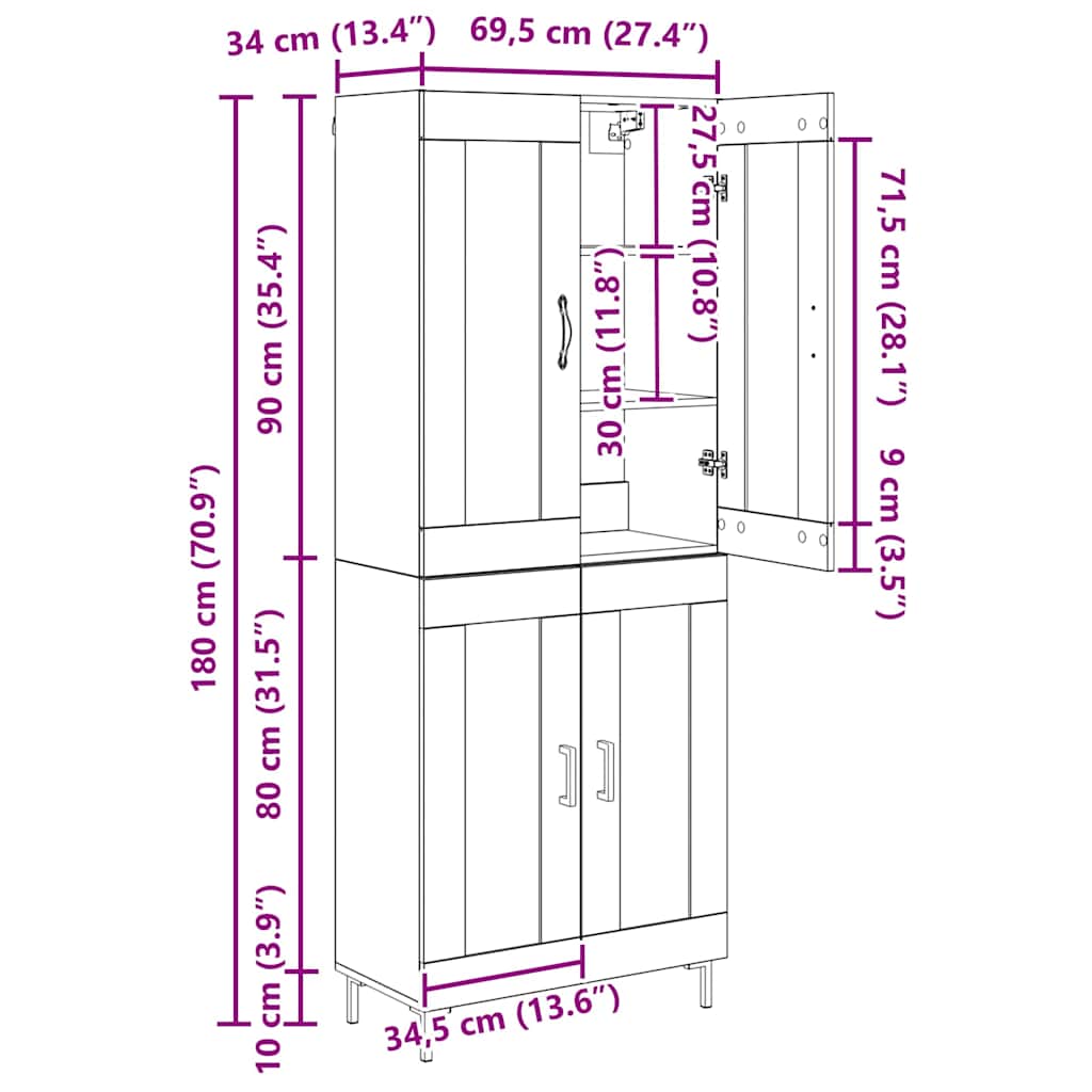 Highboard Zwart Eiken 69,5 x 34 x 180 cm Bewerkt hout