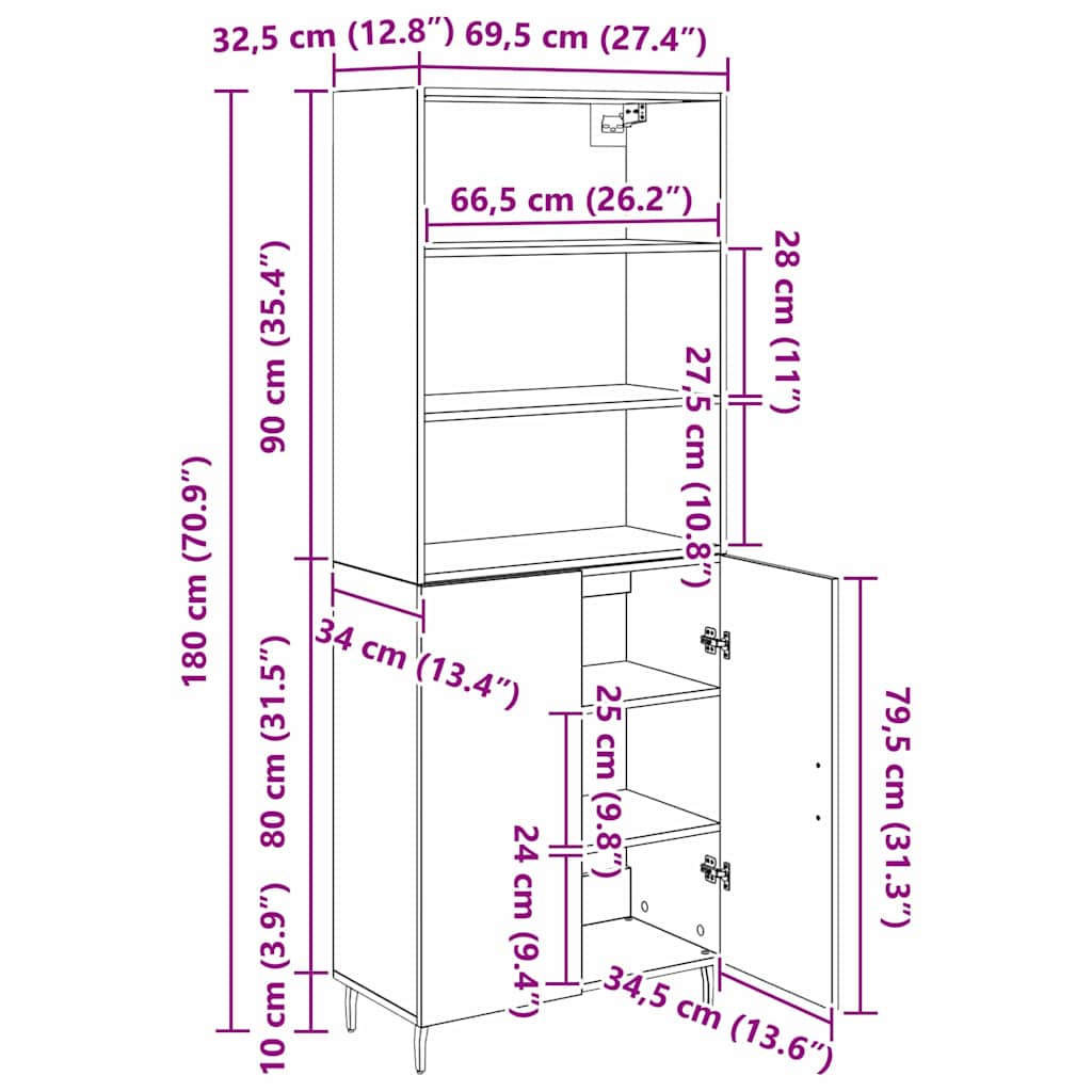 Highboard 2 pcs Zwart Eiken 69,5 x 34 x 180 cm Bewerkt hout