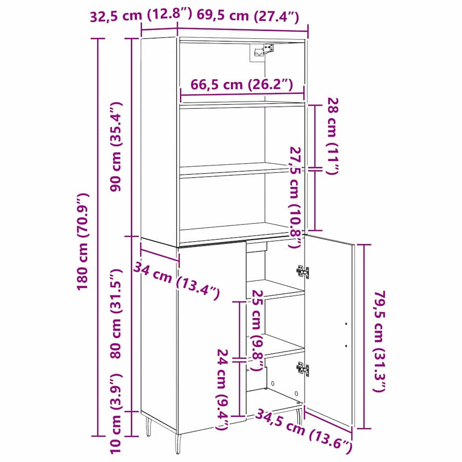 Highboard 2 pcs Zwart Eiken 69,5 x 34 x 180 cm Bewerkt hout