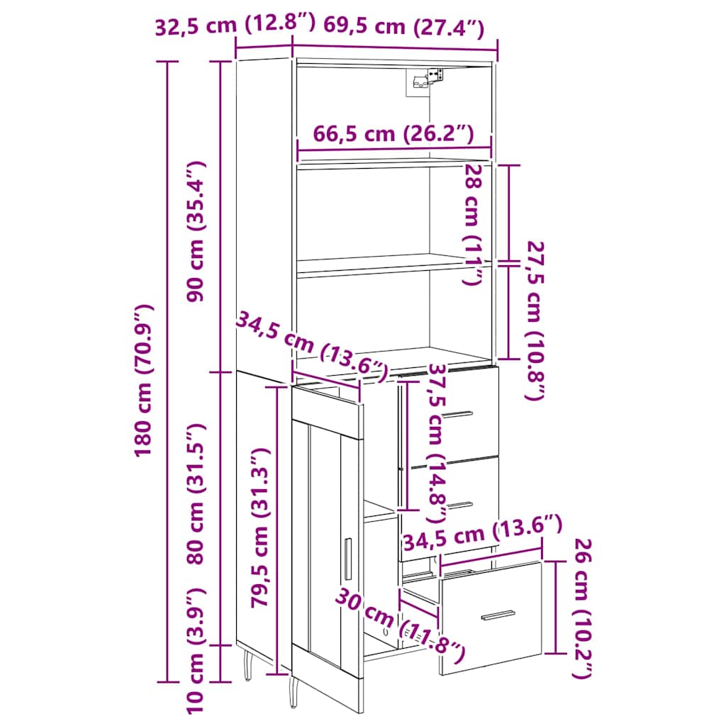 Highboard 2 pcs Zwart Eiken 69,5 x 34 x 180 cm Bewerkt hout