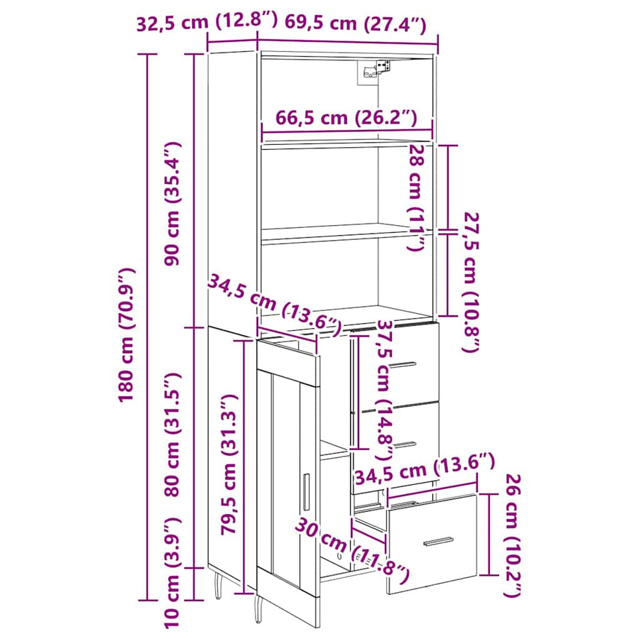 Highboard 2 pcs Zwart Eiken 69,5 x 34 x 180 cm Bewerkt hout