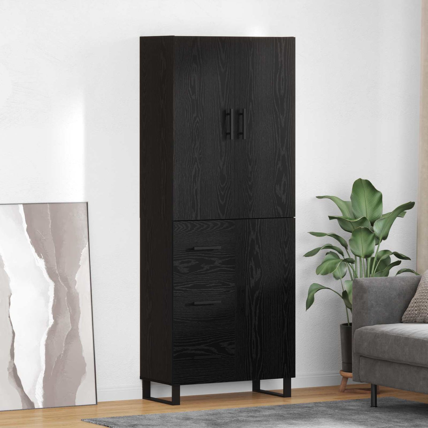Hoge kast met lade 2 pcs Zwart Eiken Geengineerd Hout en Glas