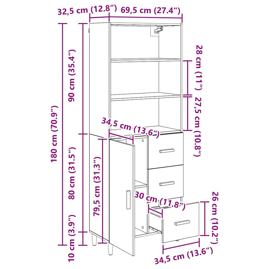 Highboard 2 pcs Zwart Eiken 69,5 x 34 x 180 cm Bewerkt hout