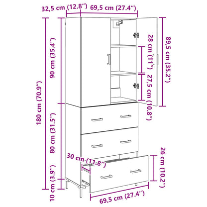 Highboard met lade Zwart Eiken 69,5 x 34 x 180 cm Bewerkt hout