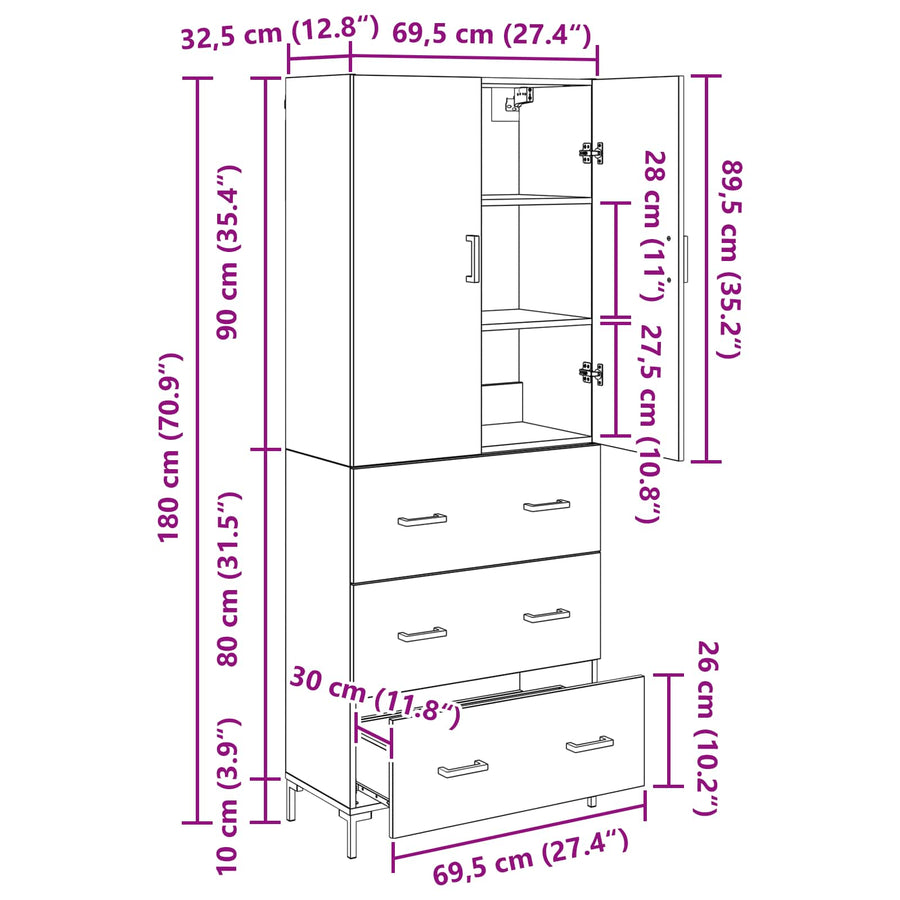 Highboard met lade Zwart Eiken 69,5 x 34 x 180 cm Bewerkt hout