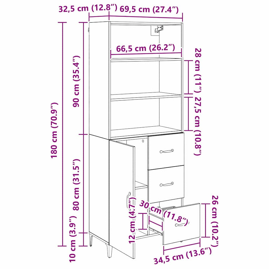 Dressoir Wandgemonteerd met lade 2 pcs Zwart Eiken Bewerkt hout