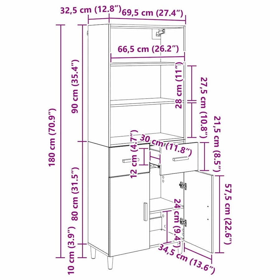 Highboard 2 pcs Zwart Eiken 69,5 x 34 x 180 cm Bewerkt hout