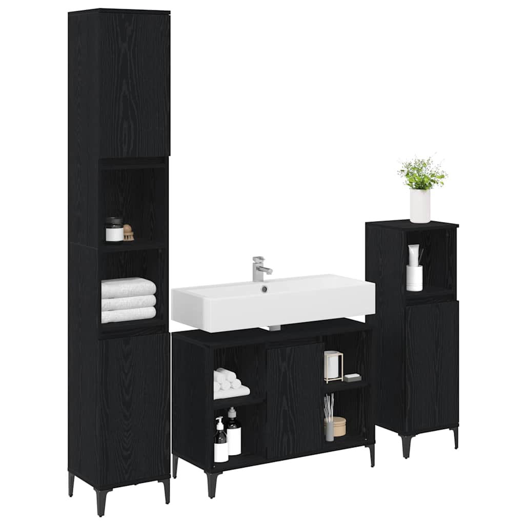 Badkamermeubelset met plank 3 pcs Zwart eiken Bewerkt hout