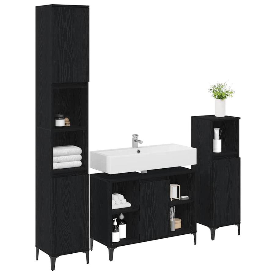 Badkamermeubelset met plank 3 pcs Zwart eiken Bewerkt hout