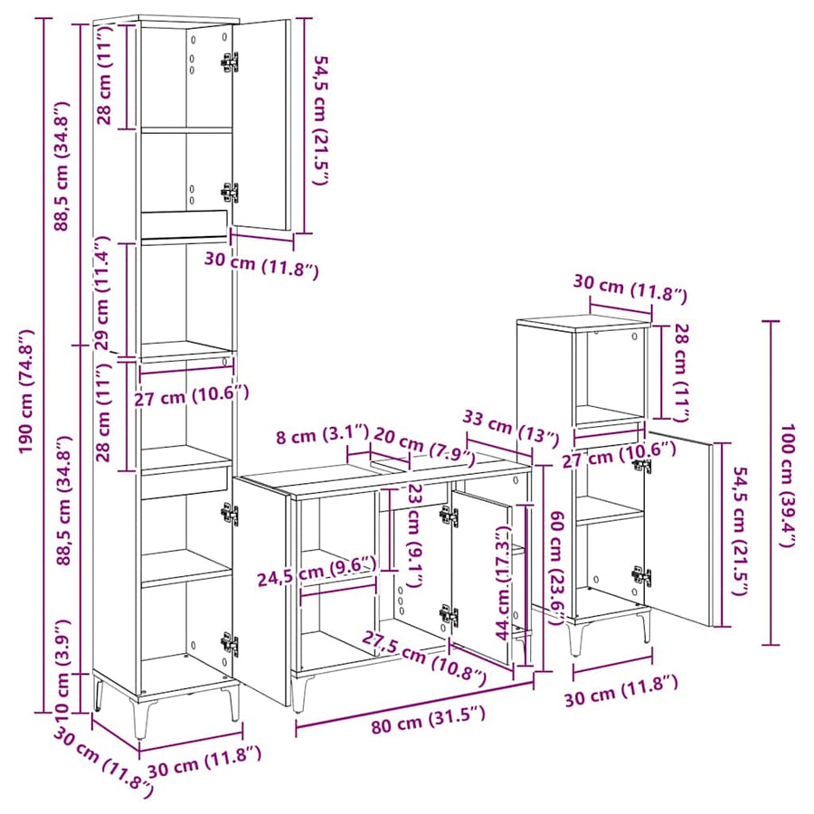 Badkamermeubelset met plank 3 pcs Zwart eiken Bewerkt hout