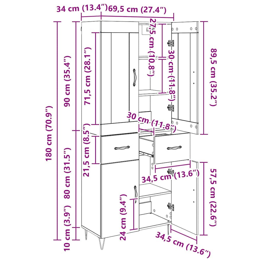 Highboard met lade Zwart Eiken 69,5 x 34 x 180 cm Bewerkt hout