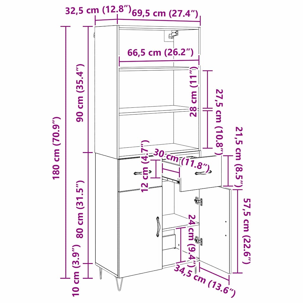 Highboard Wandgemonteerd 2 pcs Zwart Eiken Bewerkt hout