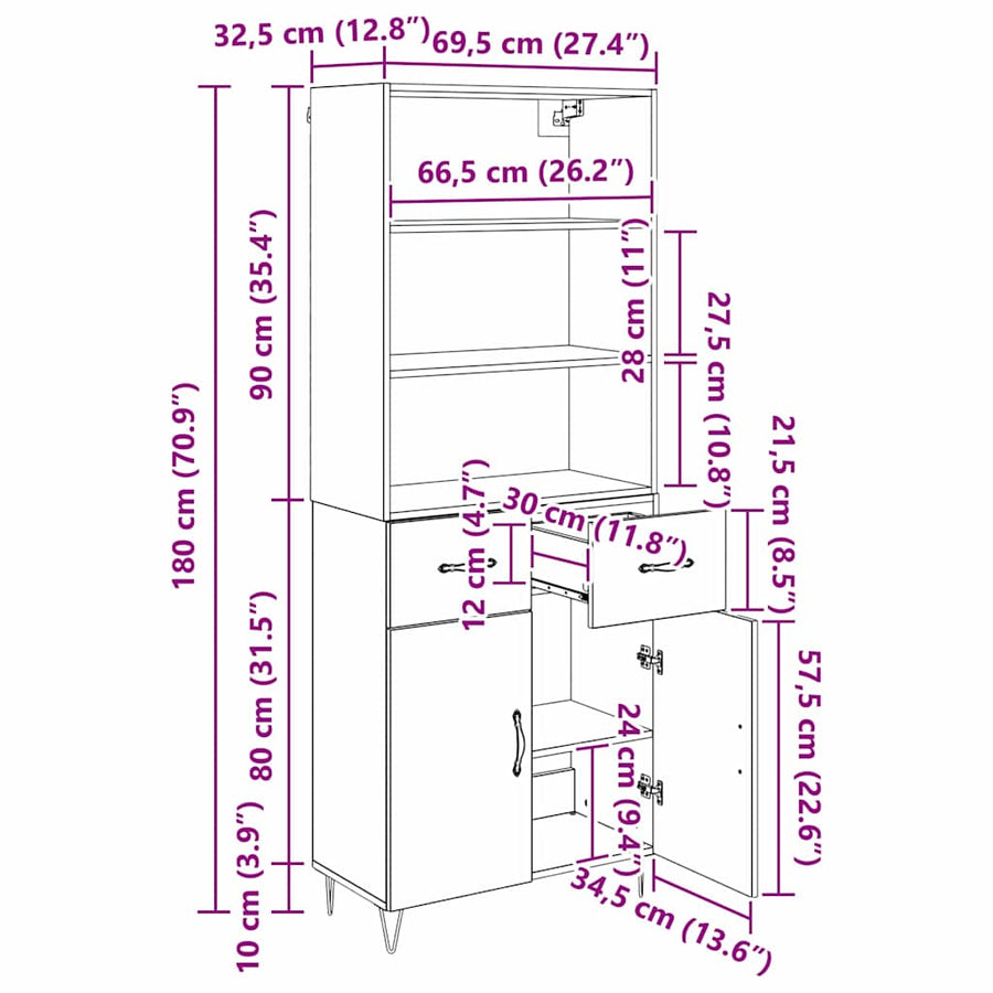 Highboard Wandgemonteerd 2 pcs Zwart Eiken Bewerkt hout