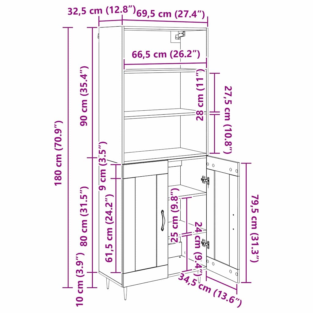 Highboard 2 pcs Zwart eiken 69,5 x 34 x 180 cm Bewerkt hout