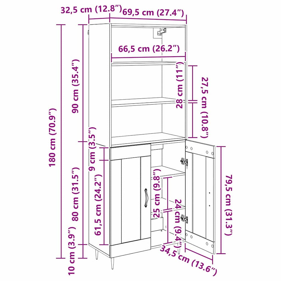 Highboard 2 pcs Zwart eiken 69,5 x 34 x 180 cm Bewerkt hout