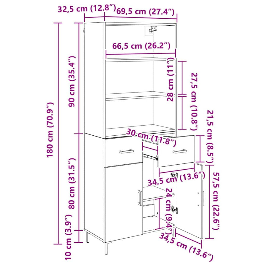 Highboard Wandgemonteerd 2 pcs Zwart Eiken Bewerkt hout