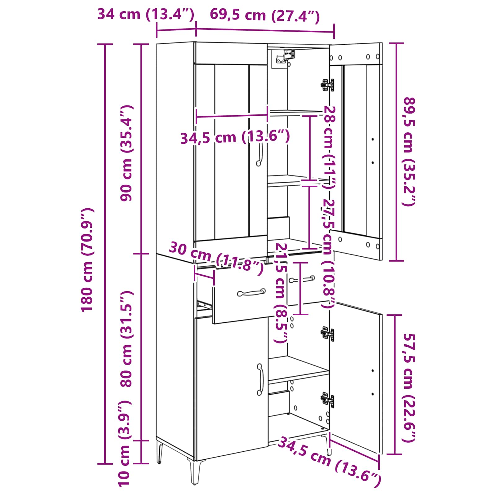 Highboard met lade Zwart Eiken 69,5 x 34 x 180 cm Bewerkt hout
