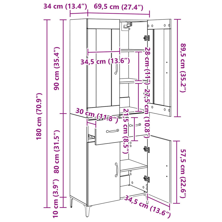 Highboard met lade Zwart Eiken 69,5 x 34 x 180 cm Bewerkt hout