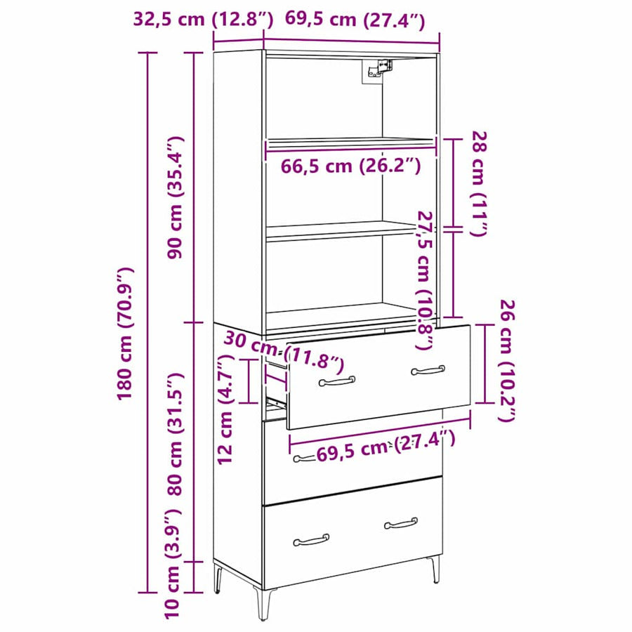 Dressoir Wandgemonteerd met lade 2 pcs Zwart Eiken Bewerkt hout