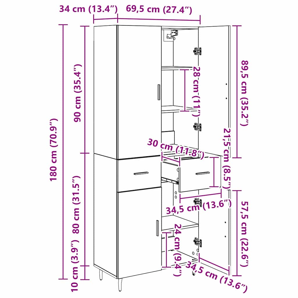 Highboard 2 pcs Zwart eiken 69,5 x 34 x 180 cm Bewerkt hout