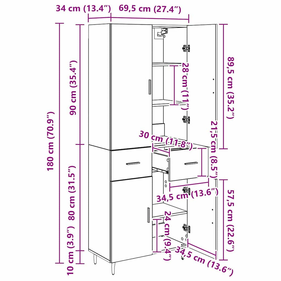 Highboard 2 pcs Zwart eiken 69,5 x 34 x 180 cm Bewerkt hout