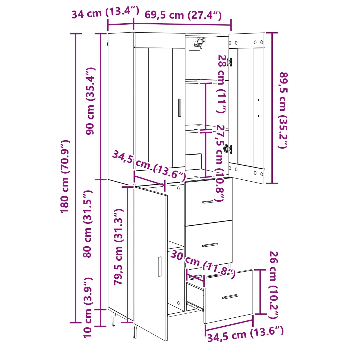 Highboard met lade Zwart Eiken 69,5 x 34 x 180 cm Bewerkt hout