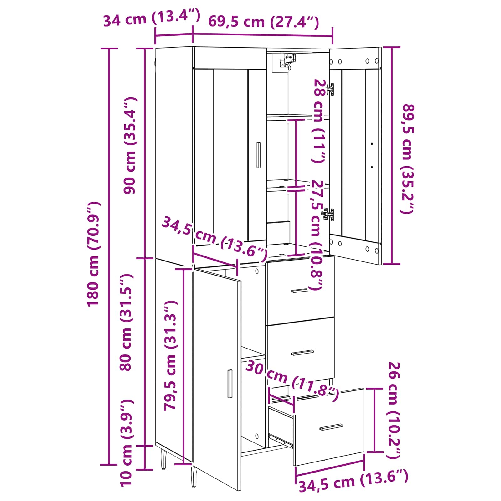 Highboard met lade Zwart Eiken 69,5 x 34 x 180 cm Bewerkt hout