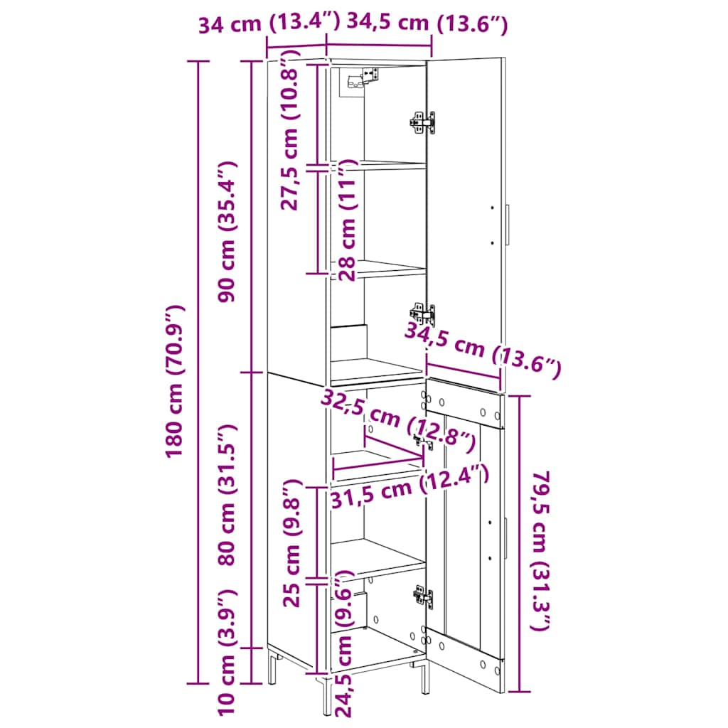 Highboard Wandgemonteerd 2 pcs Zwart Eiken Bewerkt hout