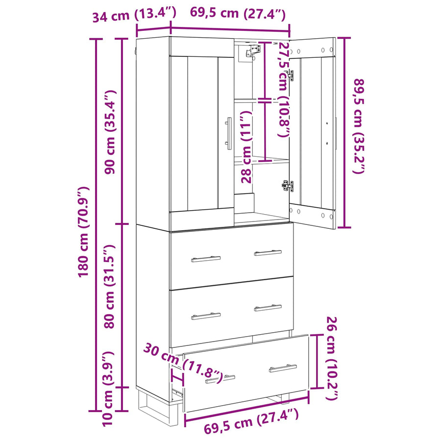Highboard met lade Zwart Eiken 69,5 x 34 x 180 cm Bewerkt hout