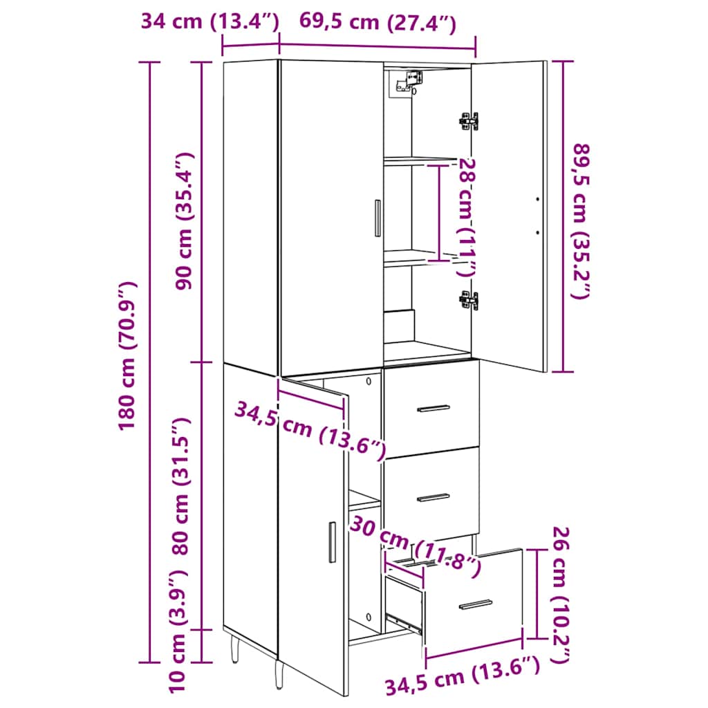 Highboard 2 pcs Zwart eiken 69,5 x 34 x 180 cm Bewerkt hout