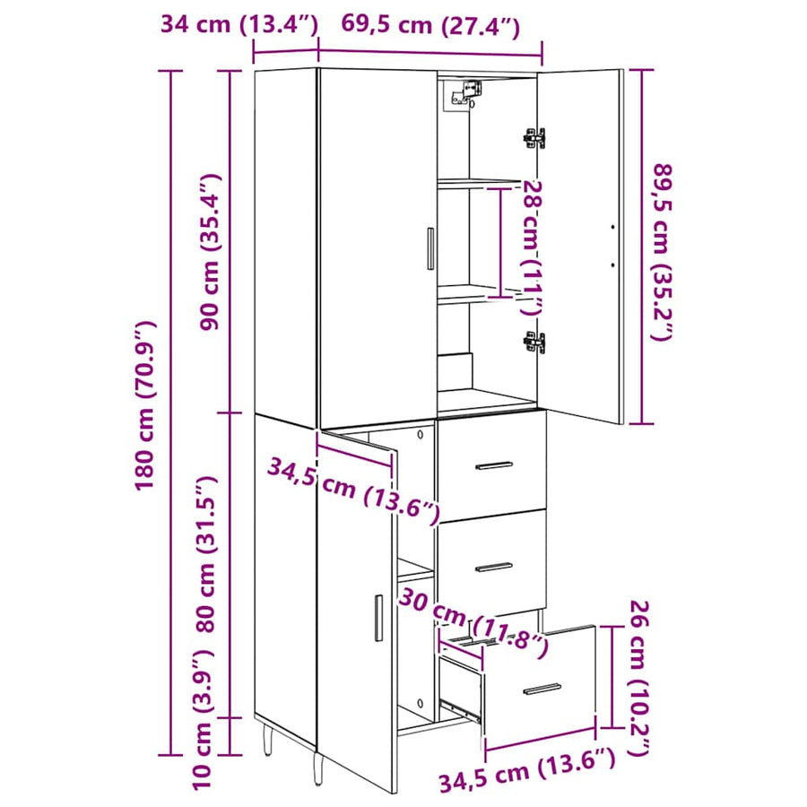 Highboard 2 pcs Zwart eiken 69,5 x 34 x 180 cm Bewerkt hout