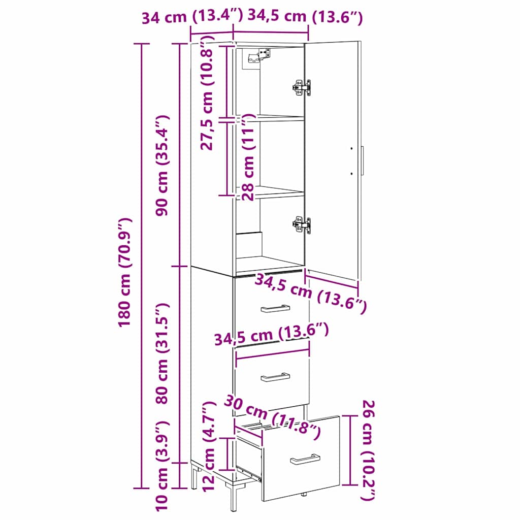 Highboard Wandgemonteerd 2 pcs Zwart Eiken Bewerkt hout
