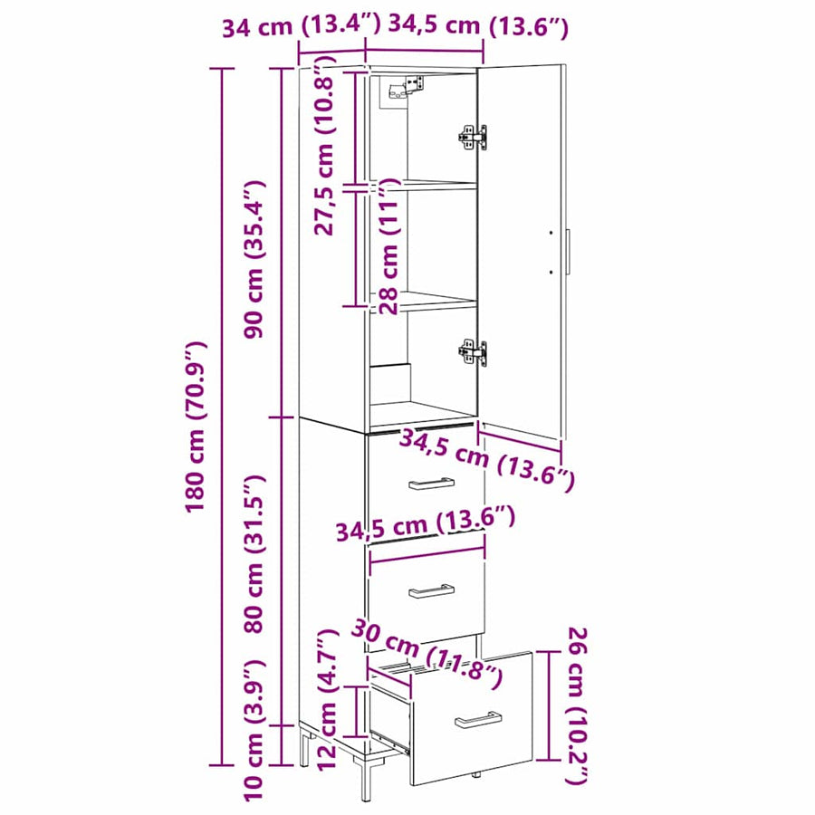 Highboard Wandgemonteerd 2 pcs Zwart Eiken Bewerkt hout