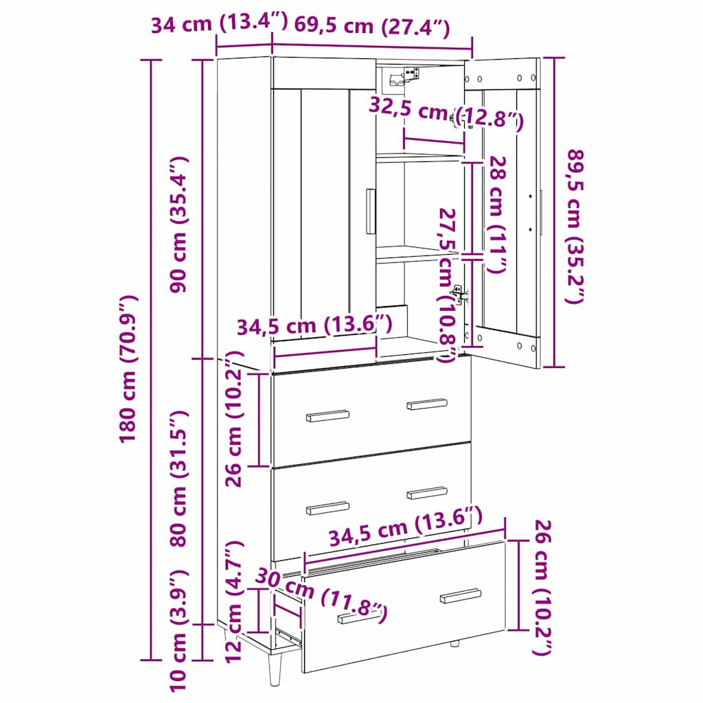 Highboard Wandgemonteerd 2 pcs Zwart Eiken Bewerkt hout