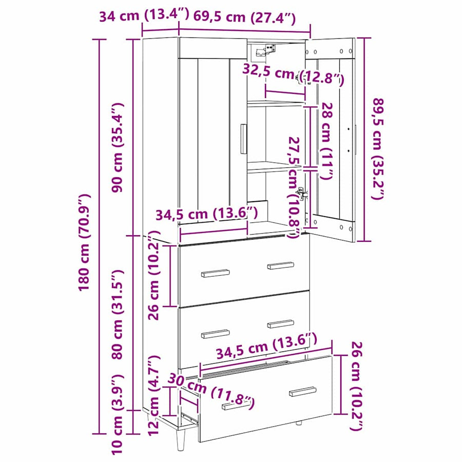 Highboard Wandgemonteerd 2 pcs Zwart Eiken Bewerkt hout