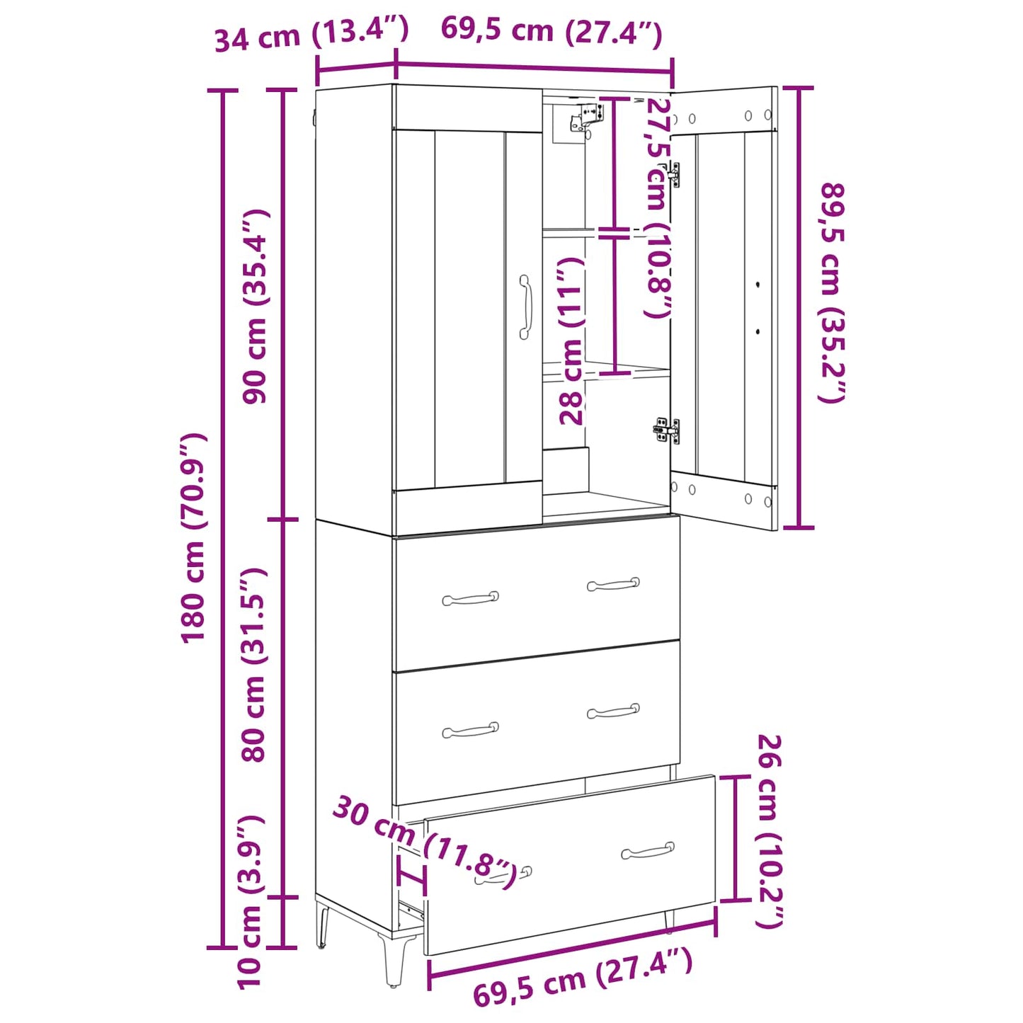 Highboard met lade Zwart Eiken 69,5 x 34 x 180 cm Bewerkt hout