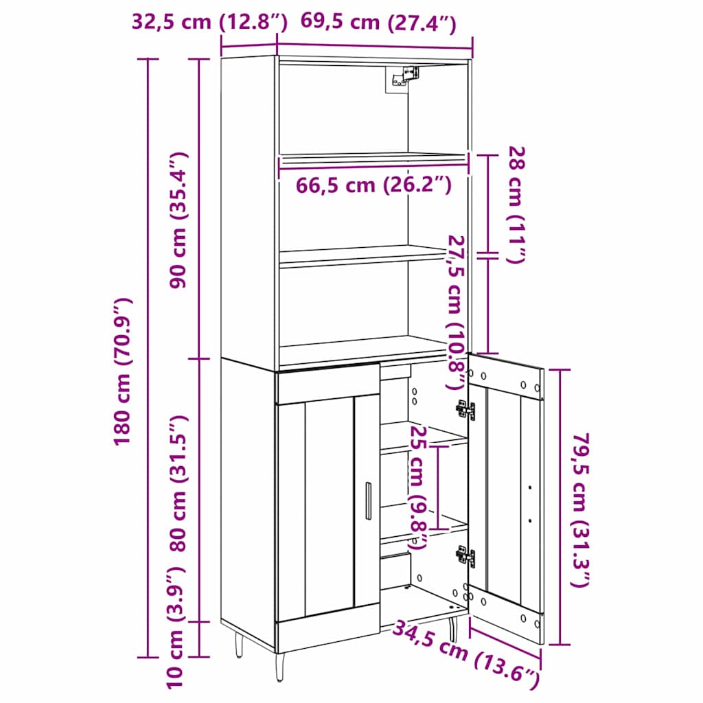 Highboard 2 pcs Zwart Eiken 69,5 x 34 x 180 cm Bewerkt hout