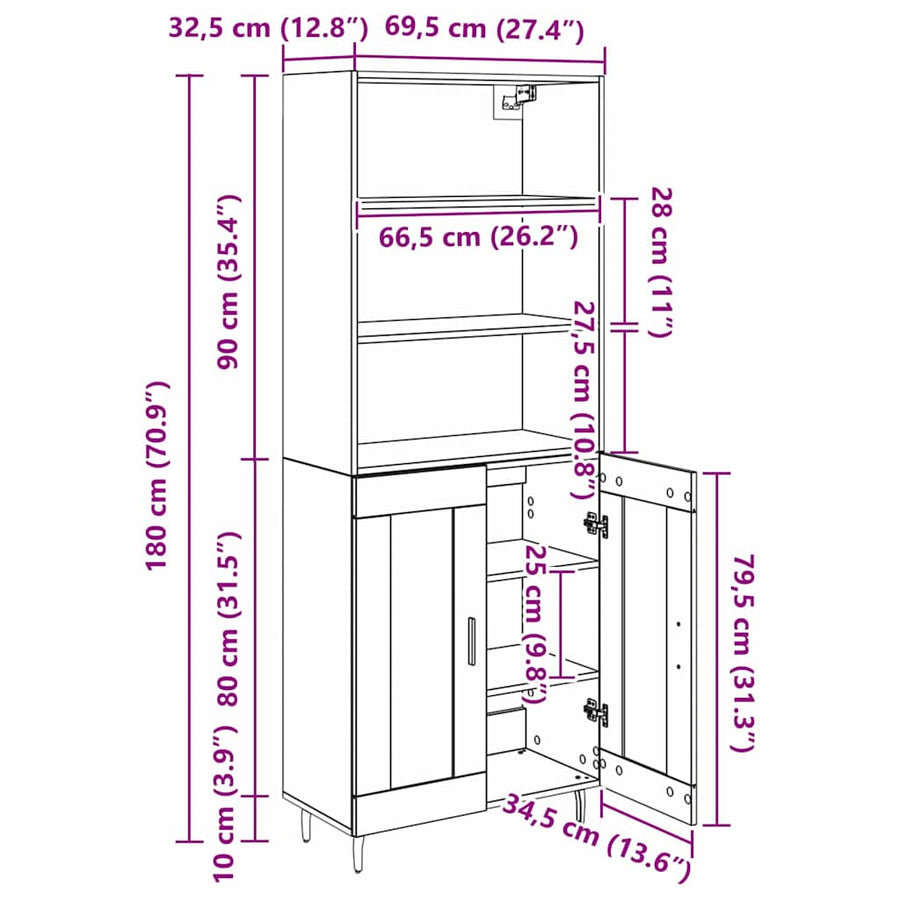 Highboard 2 pcs Zwart Eiken 69,5 x 34 x 180 cm Bewerkt hout