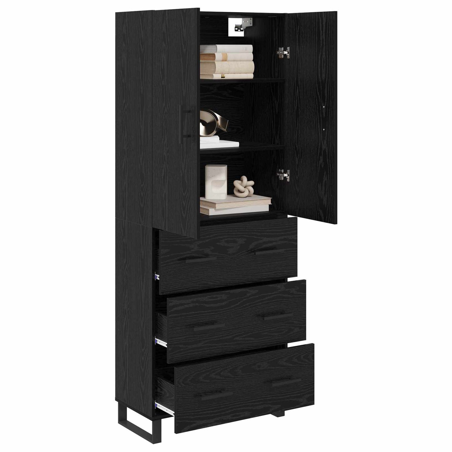 Hoge kast met lade 2 pcs Zwart Eiken Geengineerd Hout en Glas