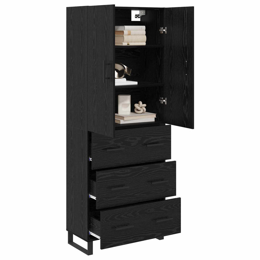 Hoge kast met lade 2 pcs Zwart Eiken Geengineerd Hout en Glas