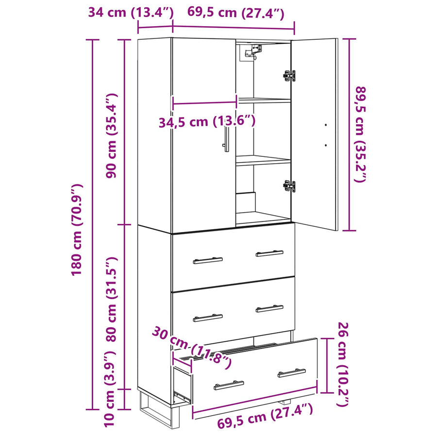 Hoge kast met lade 2 pcs Zwart Eiken Geengineerd Hout en Glas