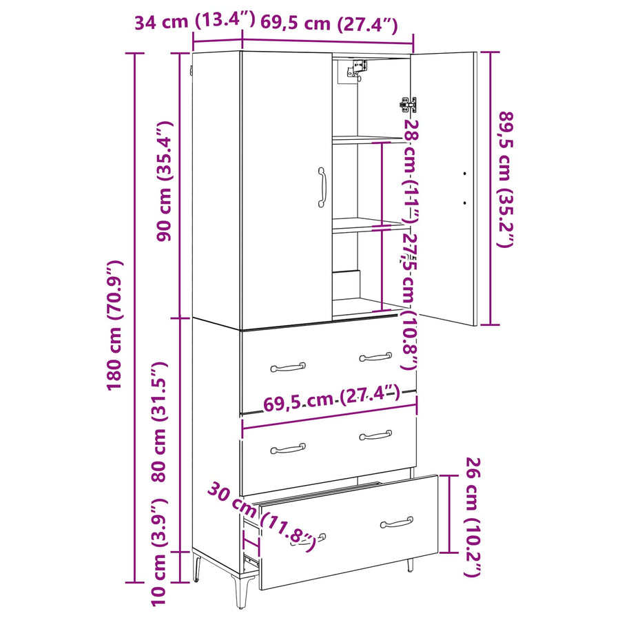 Highboard met lade Zwart Eiken 69,5 x 34 x 180 cm Bewerkt hout