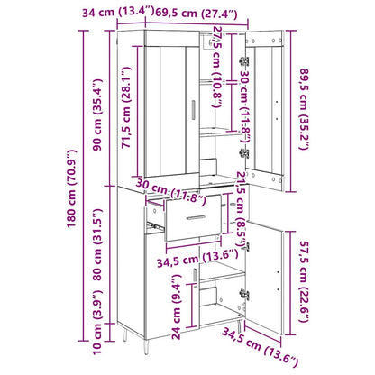 Highboard 2 pcs Zwart Eiken 69,5 x 34 x 180 cm Bewerkt hout