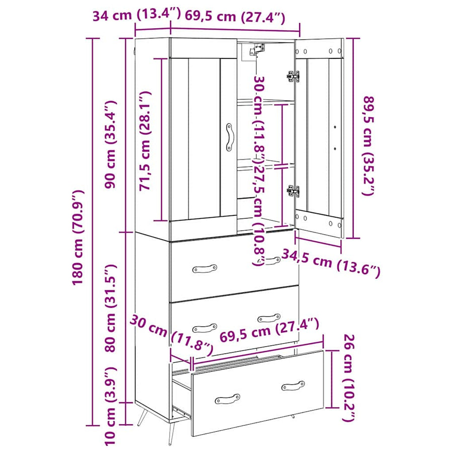 Highboard met lade Zwart Eiken 69,5 x 34 x 180 cm Bewerkt hout