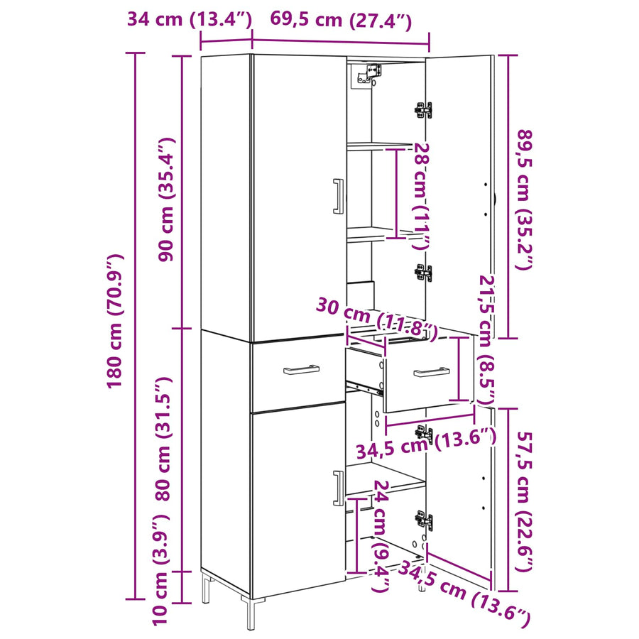 Highboard met lade Zwart Eiken 69,5 x 34 x 180 cm Bewerkt hout
