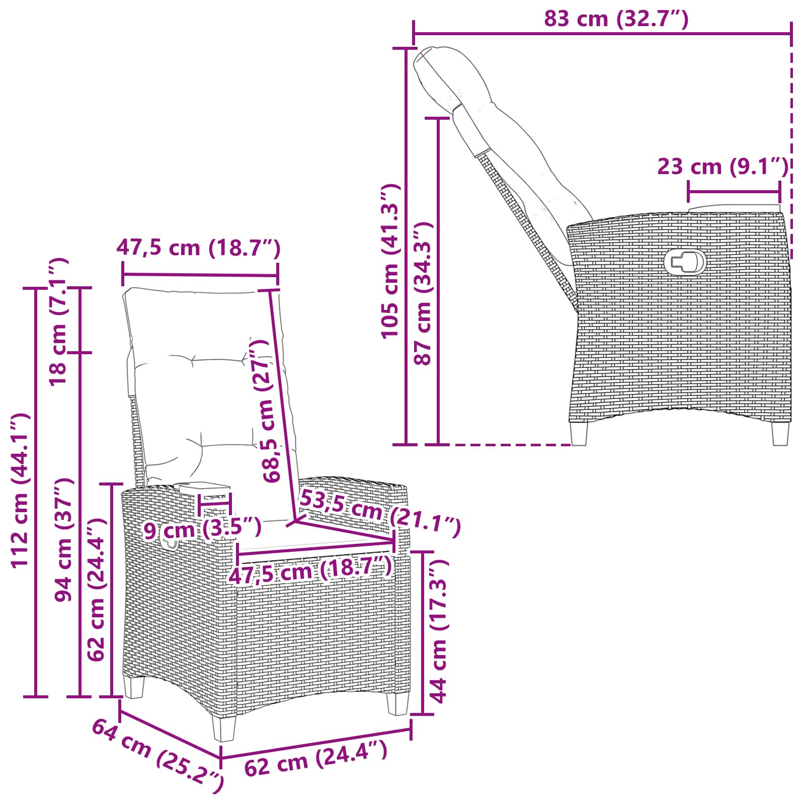 Verstelbare stoel met theeplaat 62 x 64 x 112 cm poly rattan