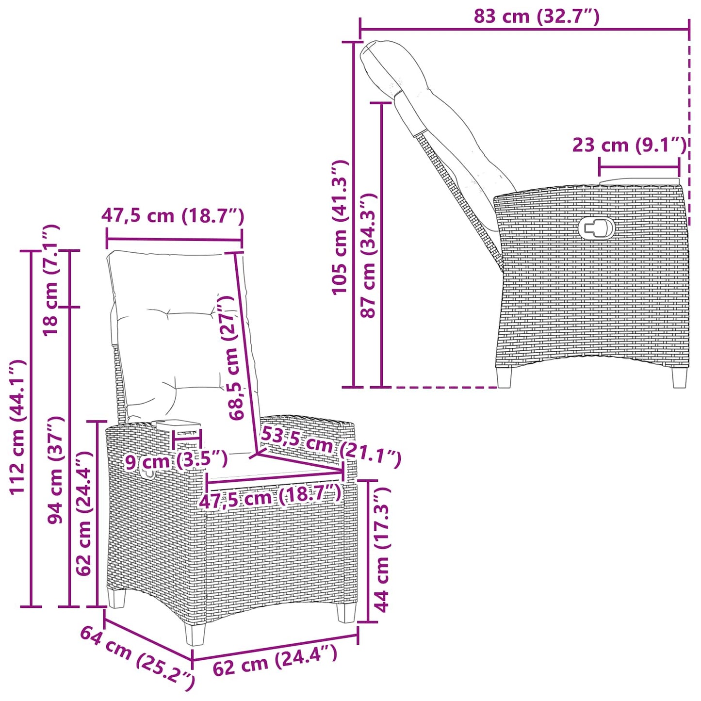 Verstelbare stoel met theeplaat 62 x 64 x 112 cm poly rattan