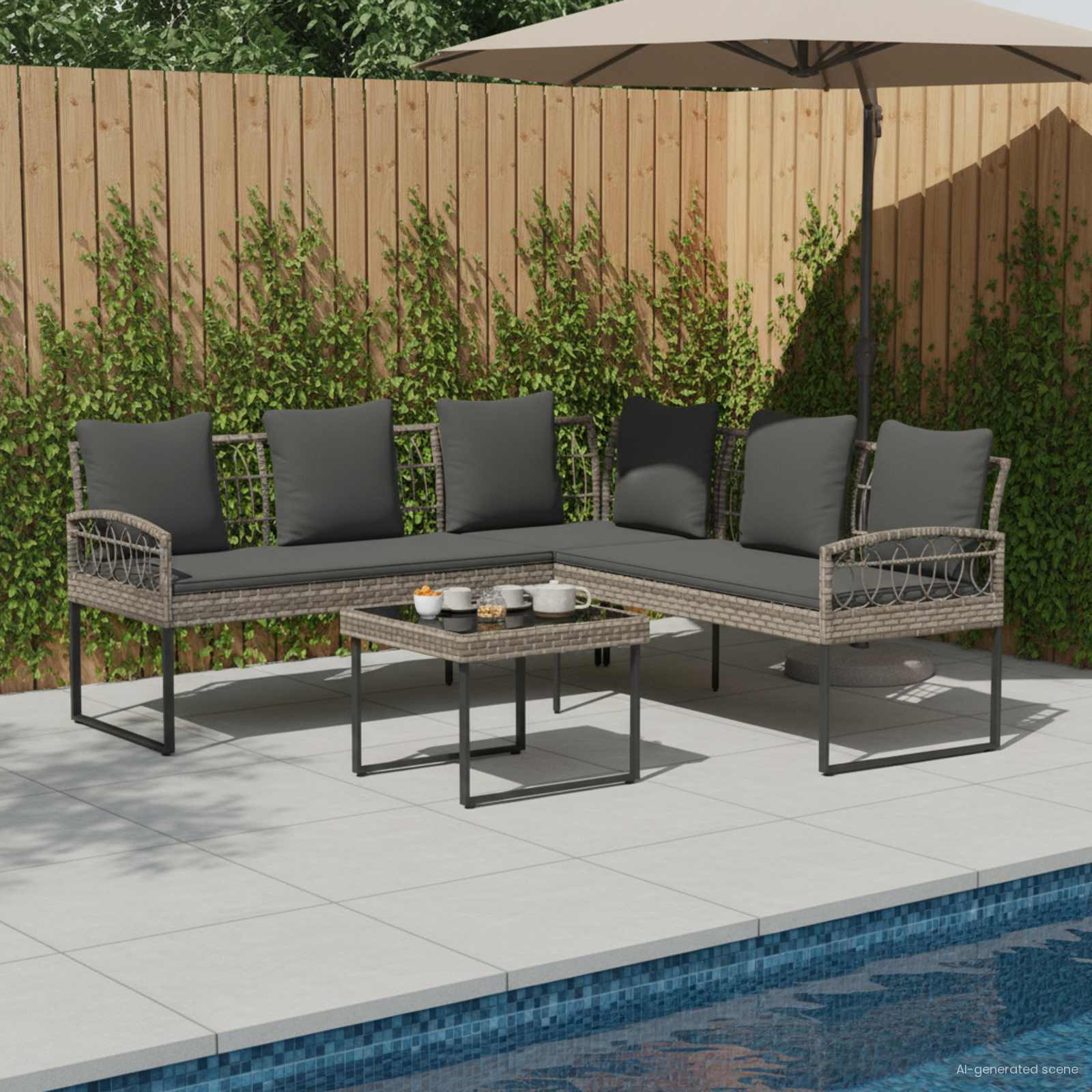 Tuinbankenset met kussen 2 pcs Grijs Poly Rattan en Staal